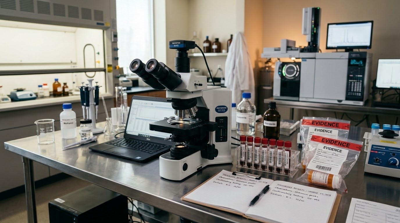 Forensic toxicology laboratory analyzing samples for suspected poisoning investigation