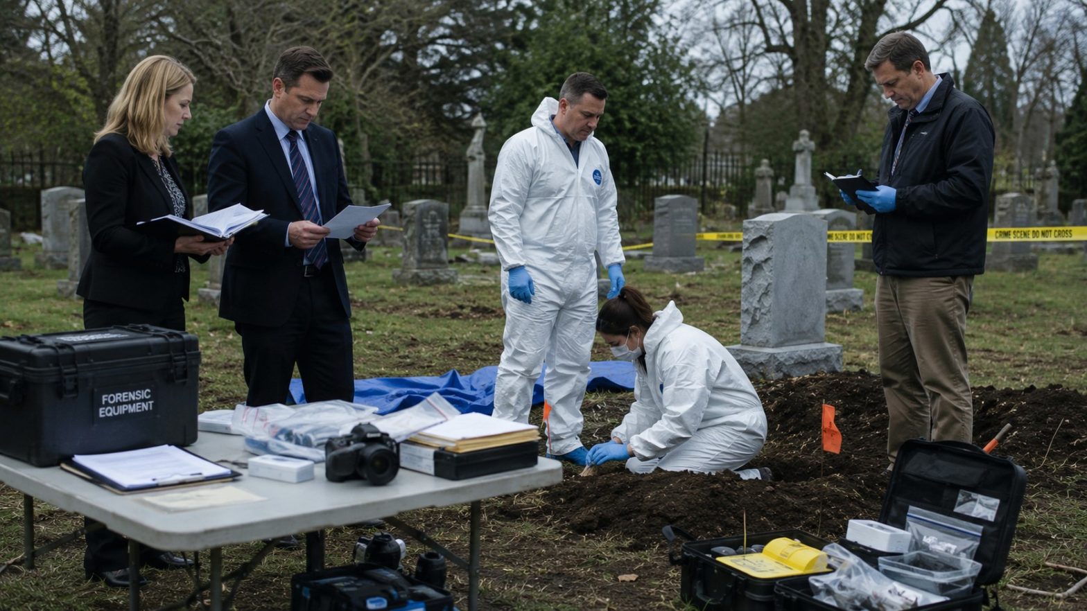Forensic professionals preparing for a court-ordered exhumation during a legal investigation