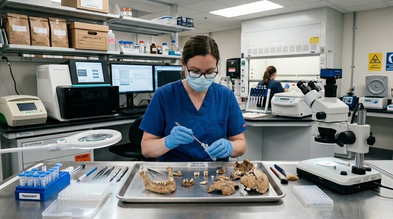 Forensic scientist analysing human remains and skeletal samples for DNA identification testing