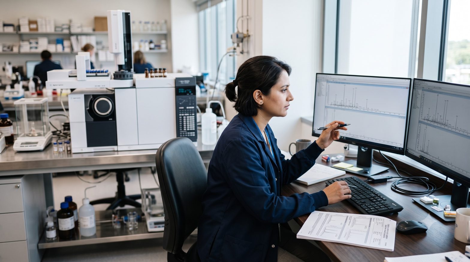 GC-MS testing laboratory scientist reviewing analytical results