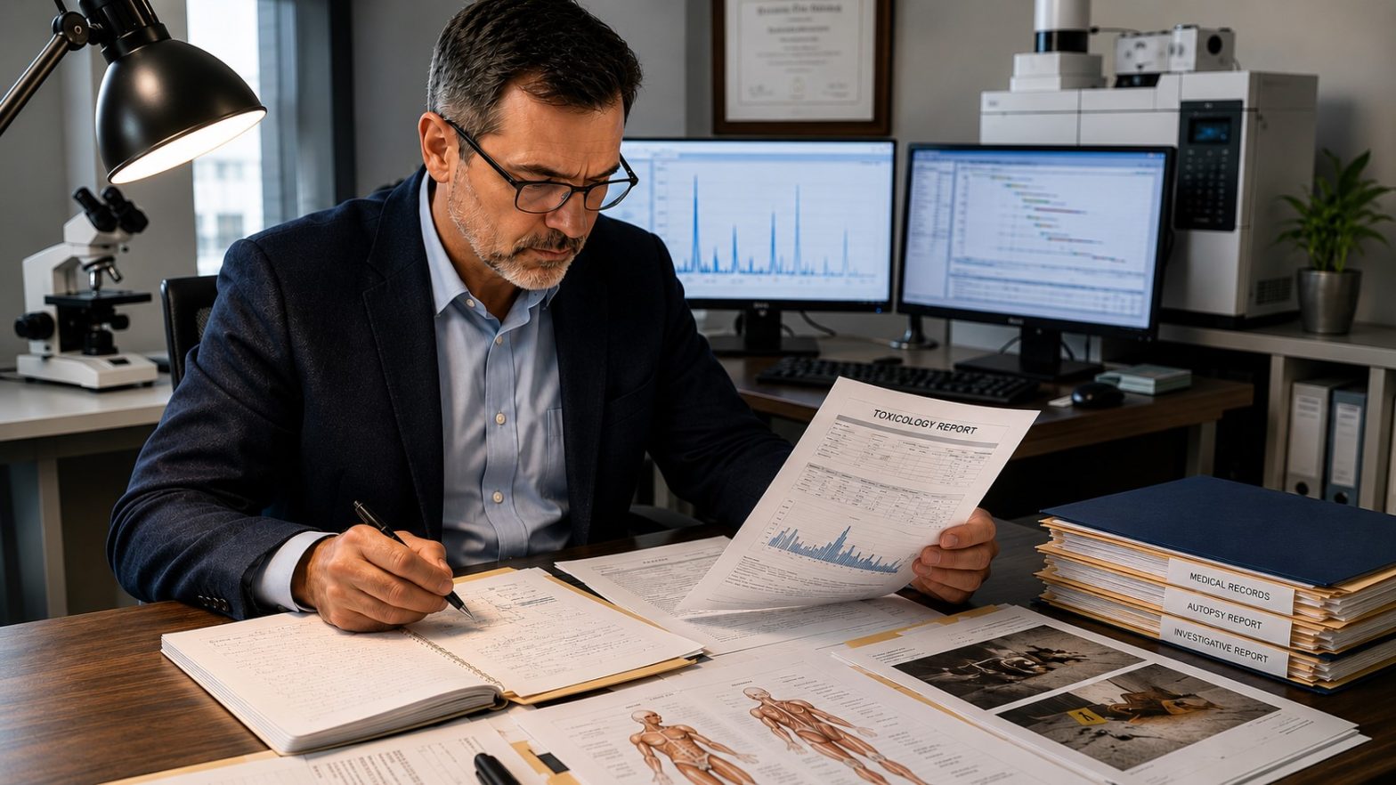 Toxicology consultant reviewing laboratory reports, medical records, and case documents